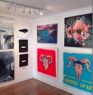 Abstract Pink Flower Painting by Judy Century advertised as part of Exhibition at Nude Tin Can art gallery in May