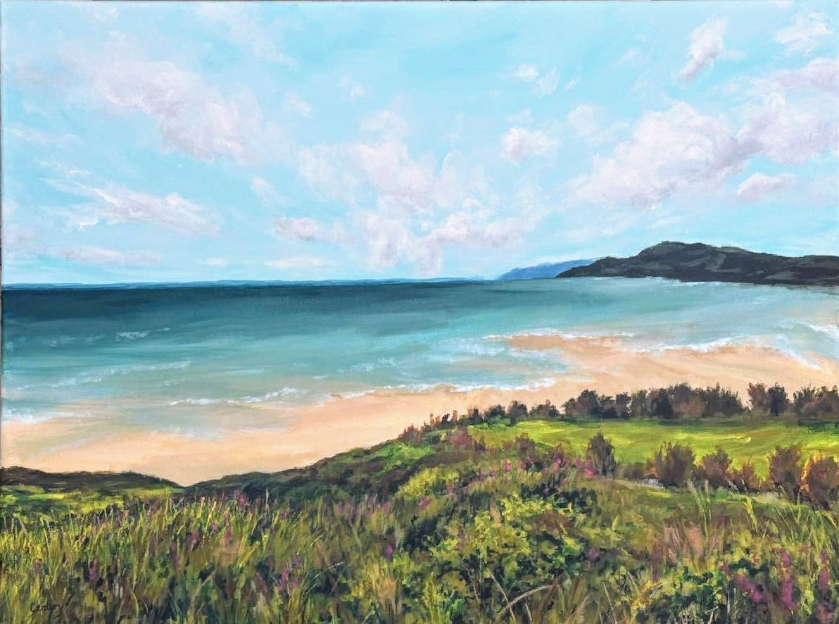 Scenic painting of a beach with greenery and mountains in the distance.