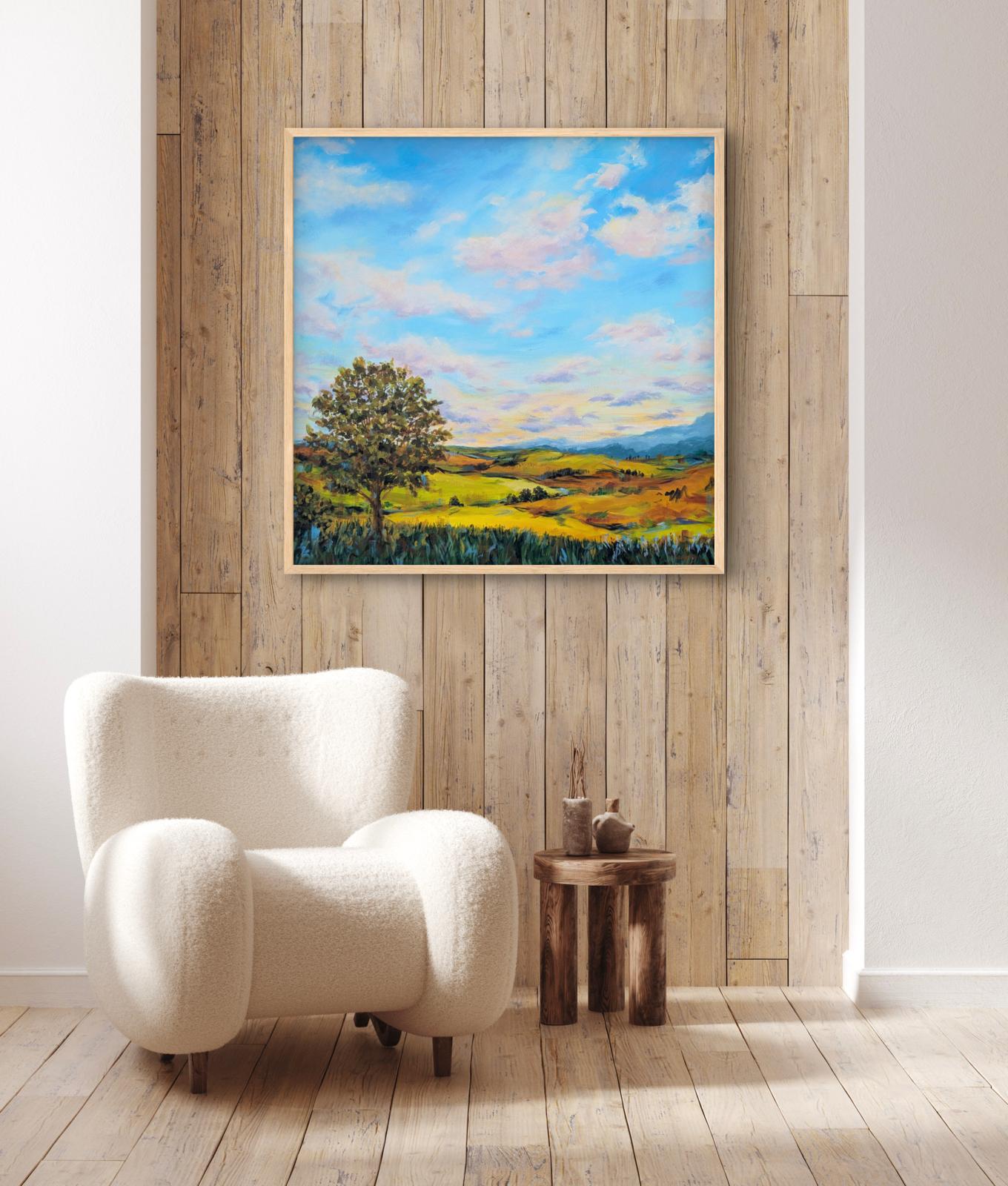Large contemporary sunset landscape painting with abstract countryside scene and large oak tree for sale