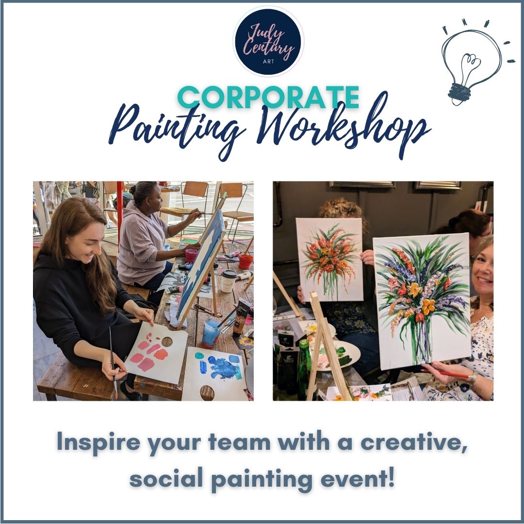 Corporate team building painting art workshop. Collaborative, mindful, social workplace events with Judy Century