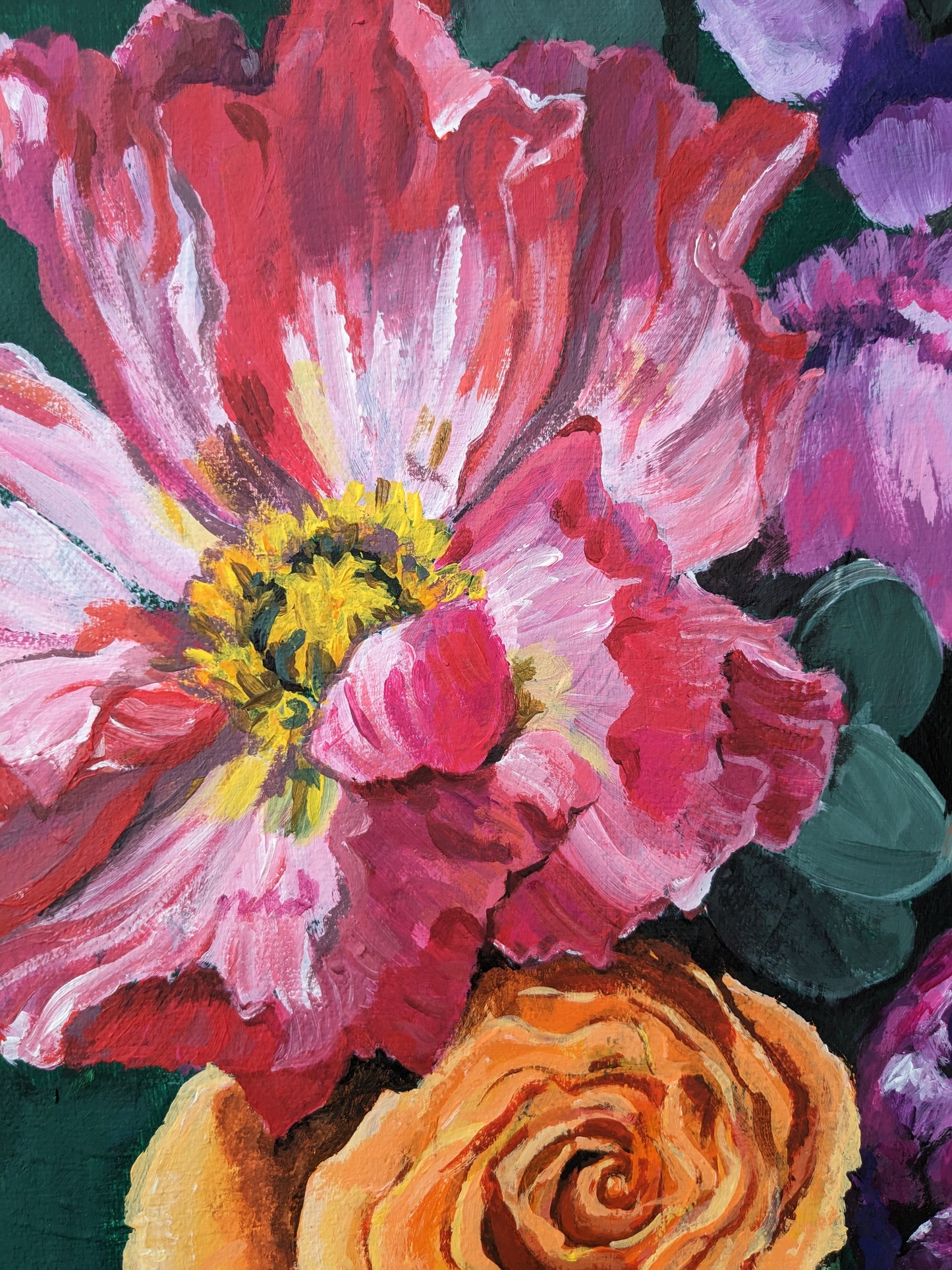 Close up floral details of Colourful flower bouquet original painting large canvas by Judy Century