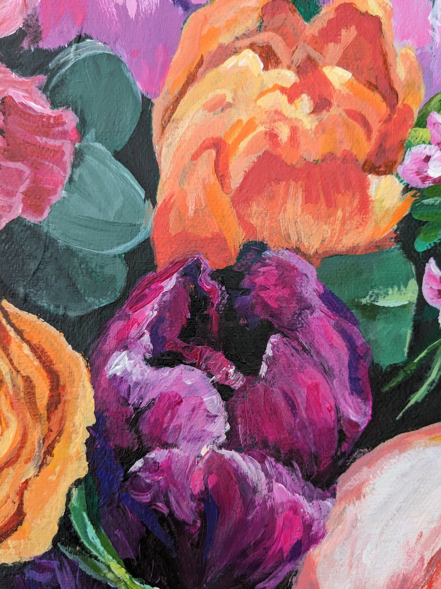 Close up floral details of Colourful flower bouquet original painting large canvas by Judy Century