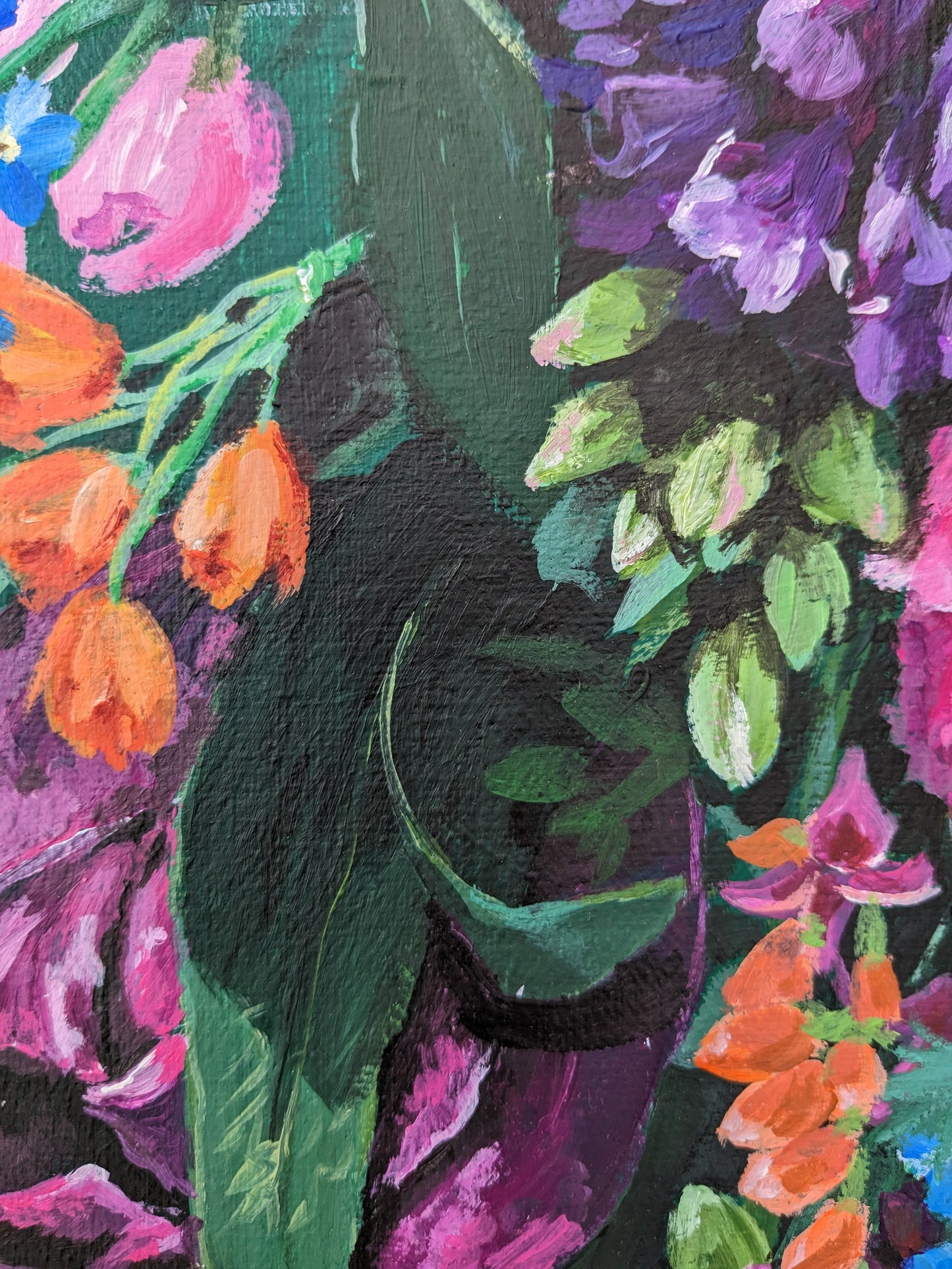 Close up floral details of Colourful flower bouquet original painting large canvas by Judy Century