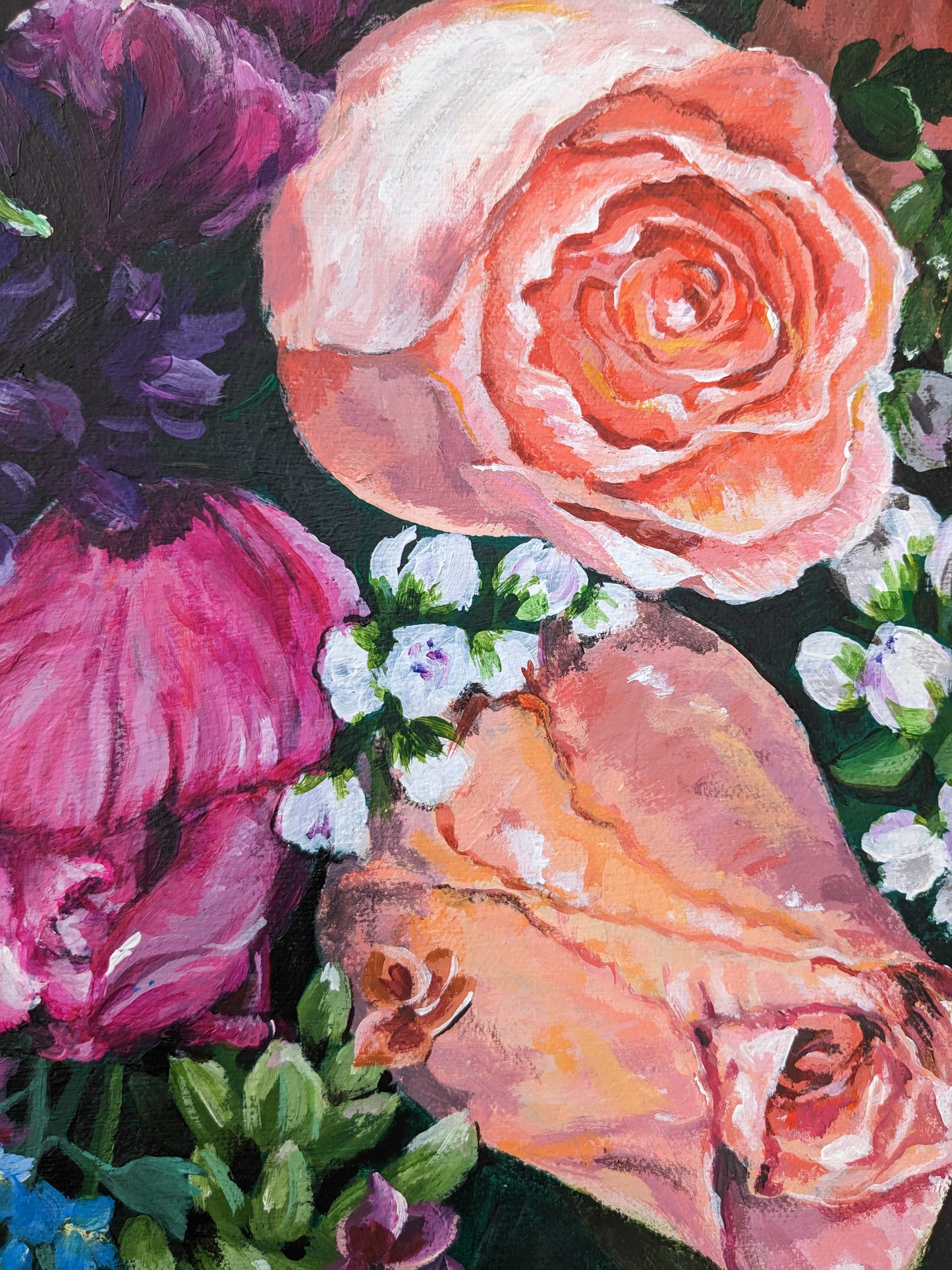 Close up floral details of Colourful flower bouquet original painting large canvas by Judy Century