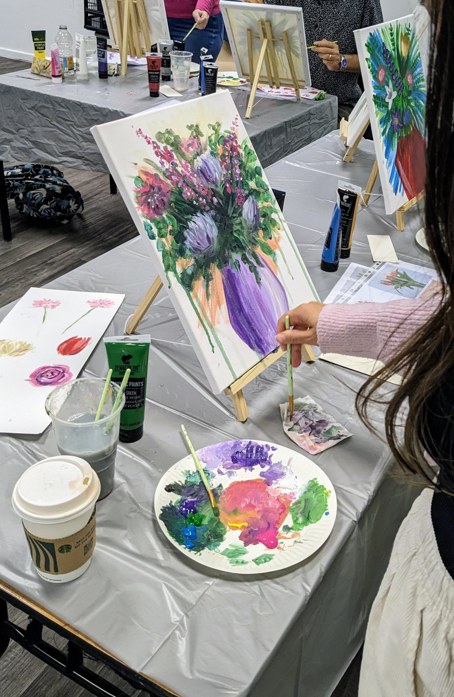 Example of painting class abstract flower bouquet canvas. Art classes in UK with Judy Century