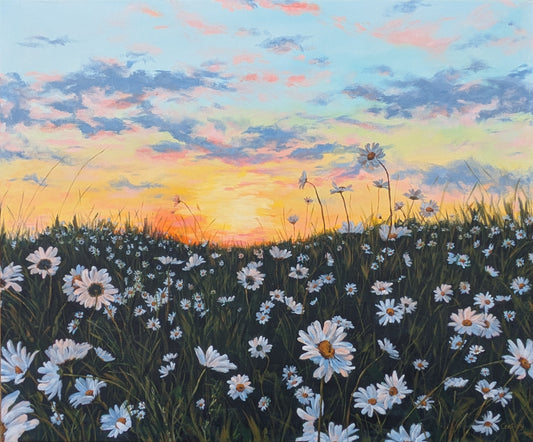 Large daisy landscape painting with sunset sky and atmospheric clouds. Original canvas art by Judy Century