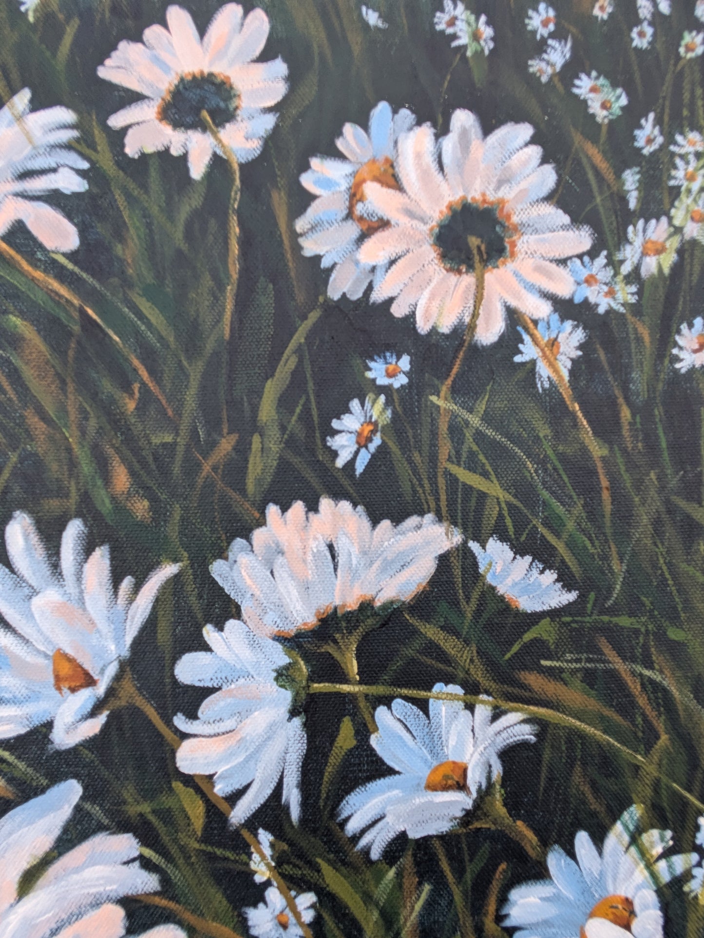 details of daisy flower from large landscape painting with sunset sky.
