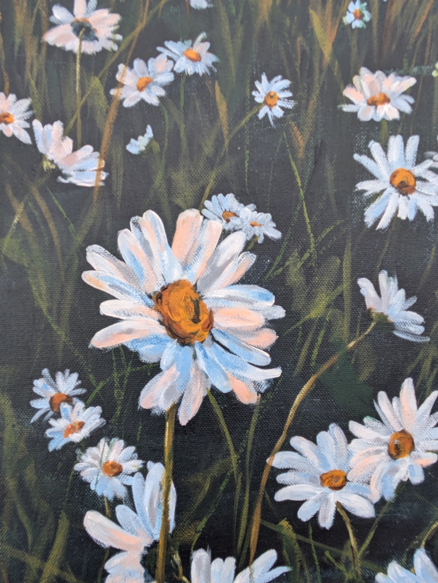 details of daisy flower from large landscape painting with sunset sky.