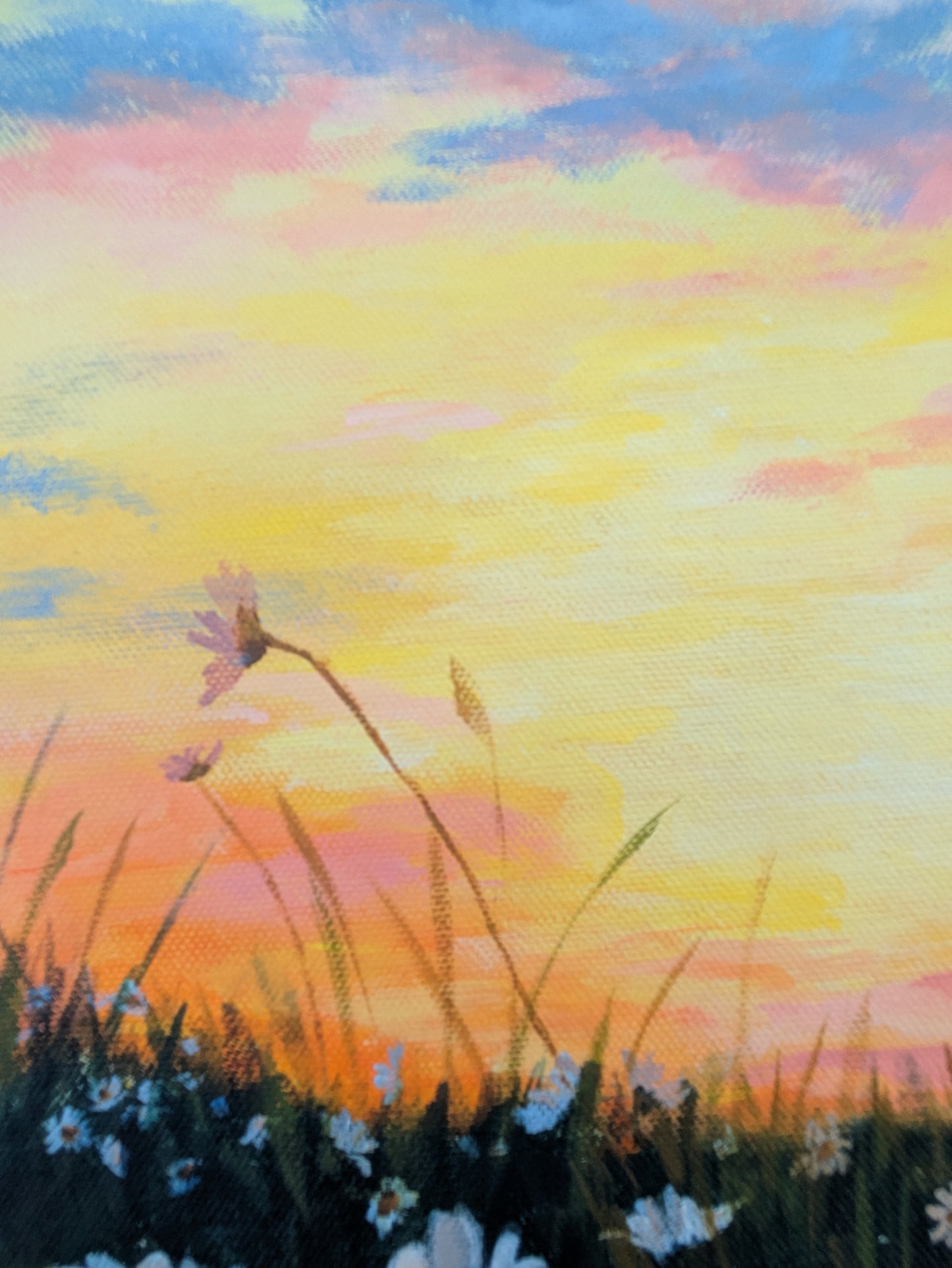 Details of pink, yellow and blue sunset sky painting from large daisy field landscape canvas by Judy Century Art