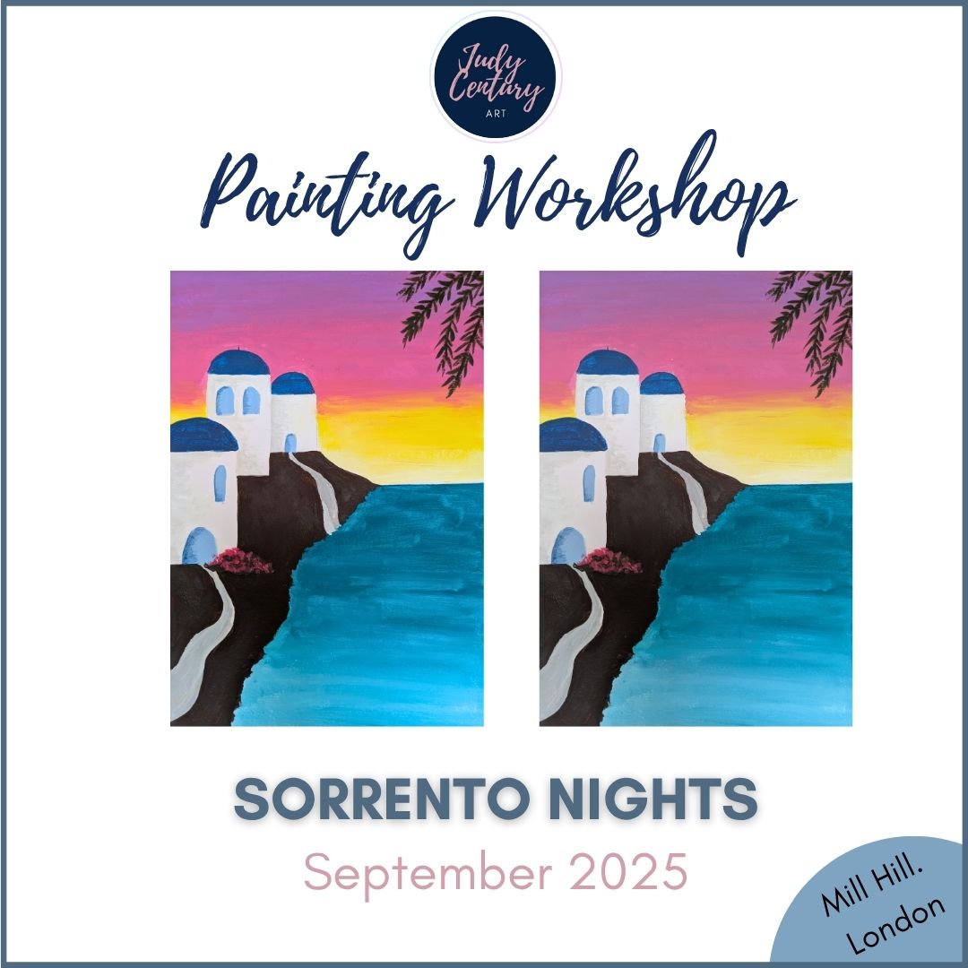 Promotional image for a landscape painting workshop titled 'Sorrento Nights' with a scenic artwork of a coastal village.