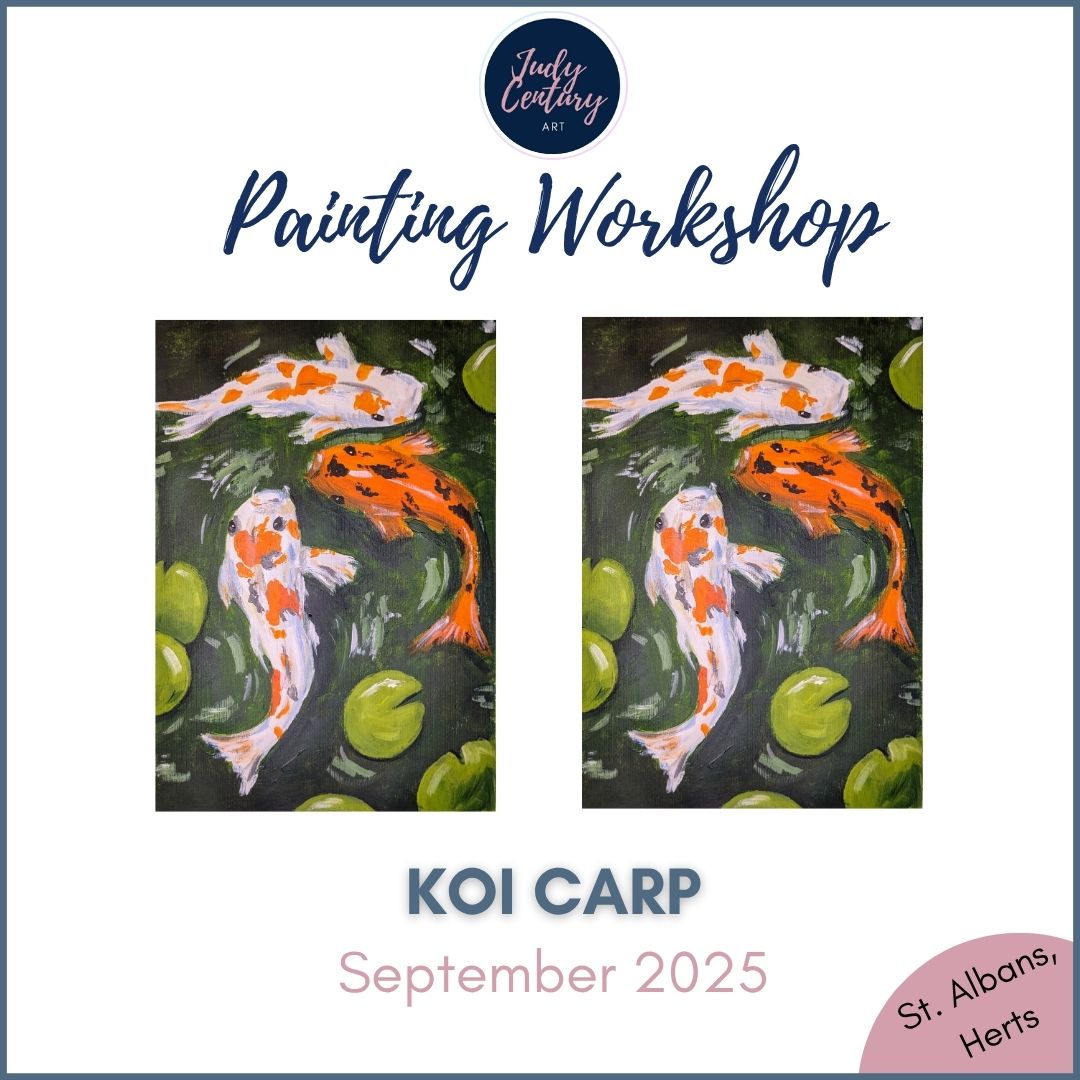 Promotional image for a Koi Carp painting workshop with artwork of koi fish and water lilies.