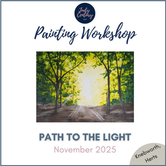Promotional image for a painting workshop titled 'Path to the Light' with a forest scene and Judy Century Art branding.