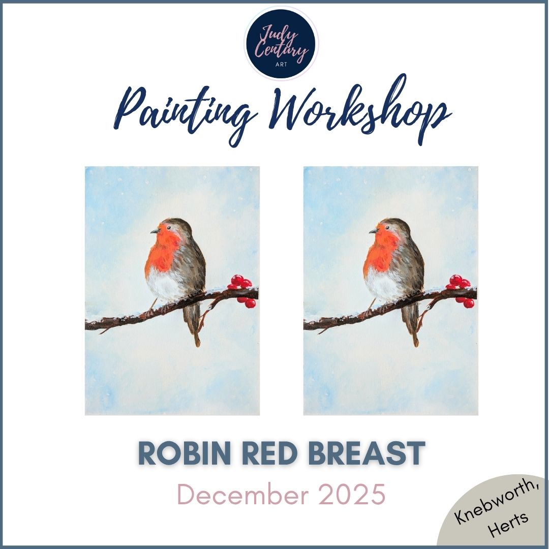 Promotional image for a painting workshop on Robin Red Breast specifically in time for Christmas with two illustrations of a robin on a branch.