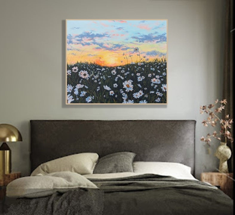 Large daisy sunset landscape painting in modern bedroom by Judy Century