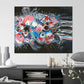 Large colourful abstract hibiscus flower. Original acrylic painting on canvas with bright colours and movement. Featured above a black sideboard with cushions and vase.