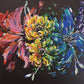 Rainbow flower painting on contrasting black background by Judy Century Art. Vibrant, colourful acrylics painting.