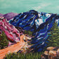 Vibrant, colourful Abstract Landscape painting by Judy Century. Mountain adventure acrylic canvas wall art.