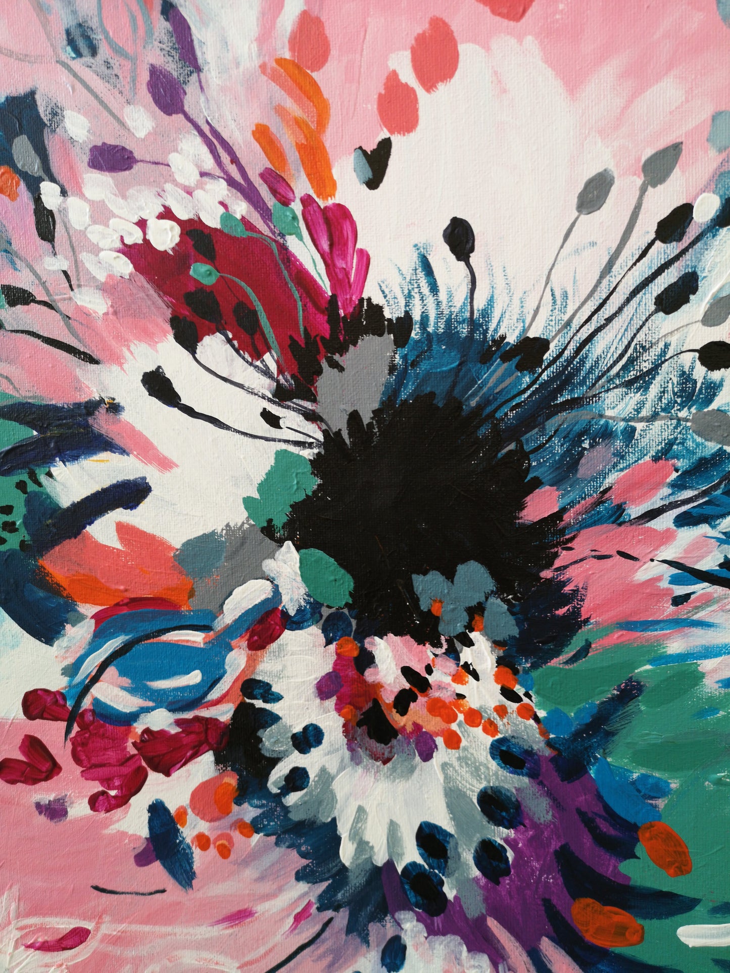 Close up of section of hibiscus burst acrylic painting by Judy Century Art. Beautiful energetic brushstrokes in pink, navy, purple, green, orange, blue and black.