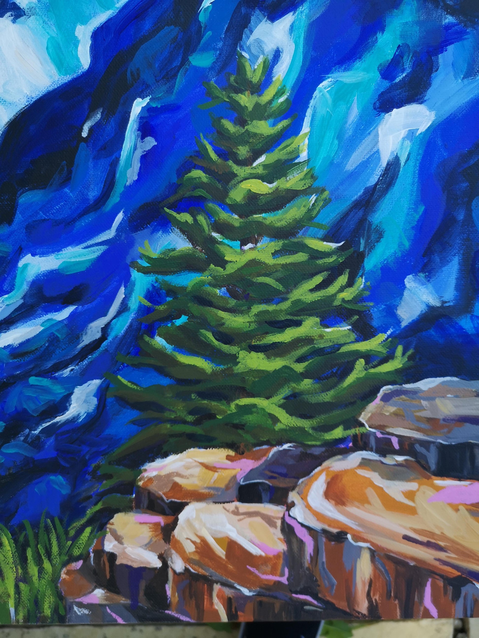 Close up details of Vibrant, colourful Abstract Landscape painting by Judy Century. Mountain adventure acrylic canvas wall art. showing mountain pine tree