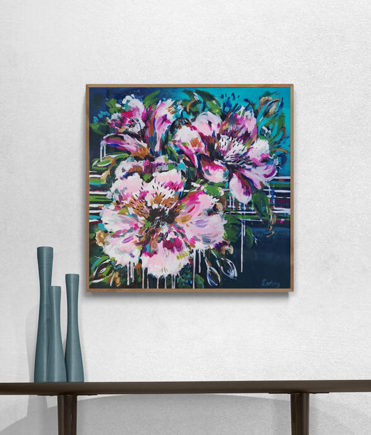 Contemporary flower print of original painting by Judy Century Art shown in hallway