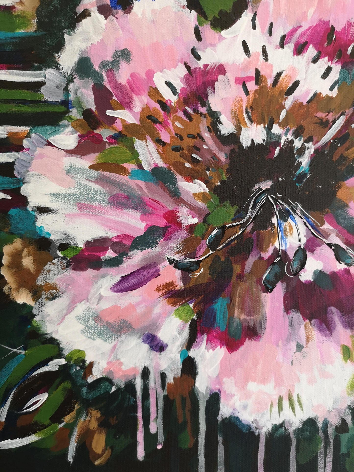 Floral close up details of colourful abstract painting by Judy Century. Expressive pinks, whites, blues and browns.