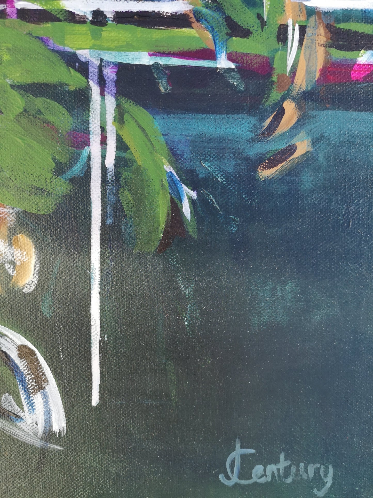 Floral close up details of colourful abstract painting by Judy Century. Expressive pinks, whites, blues and browns. Hand painted signature shown in bottom left corner.