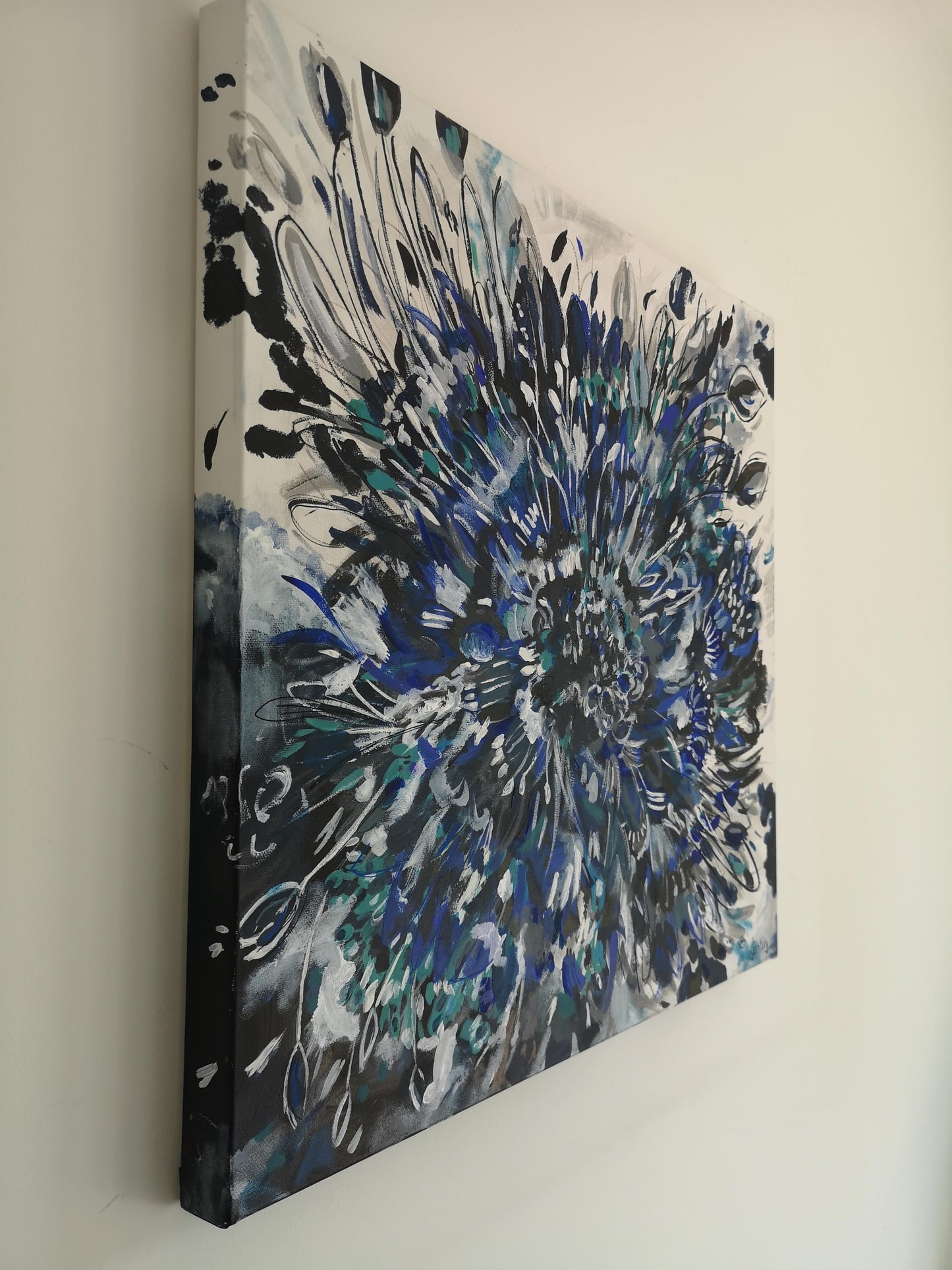 Abstract Acrylic Painting Cornflower Blue Burst Square Canvas teal black grey white sky blue, flower, bloom, floral artwork, judy century. Side view to show painting wrapped around canvas