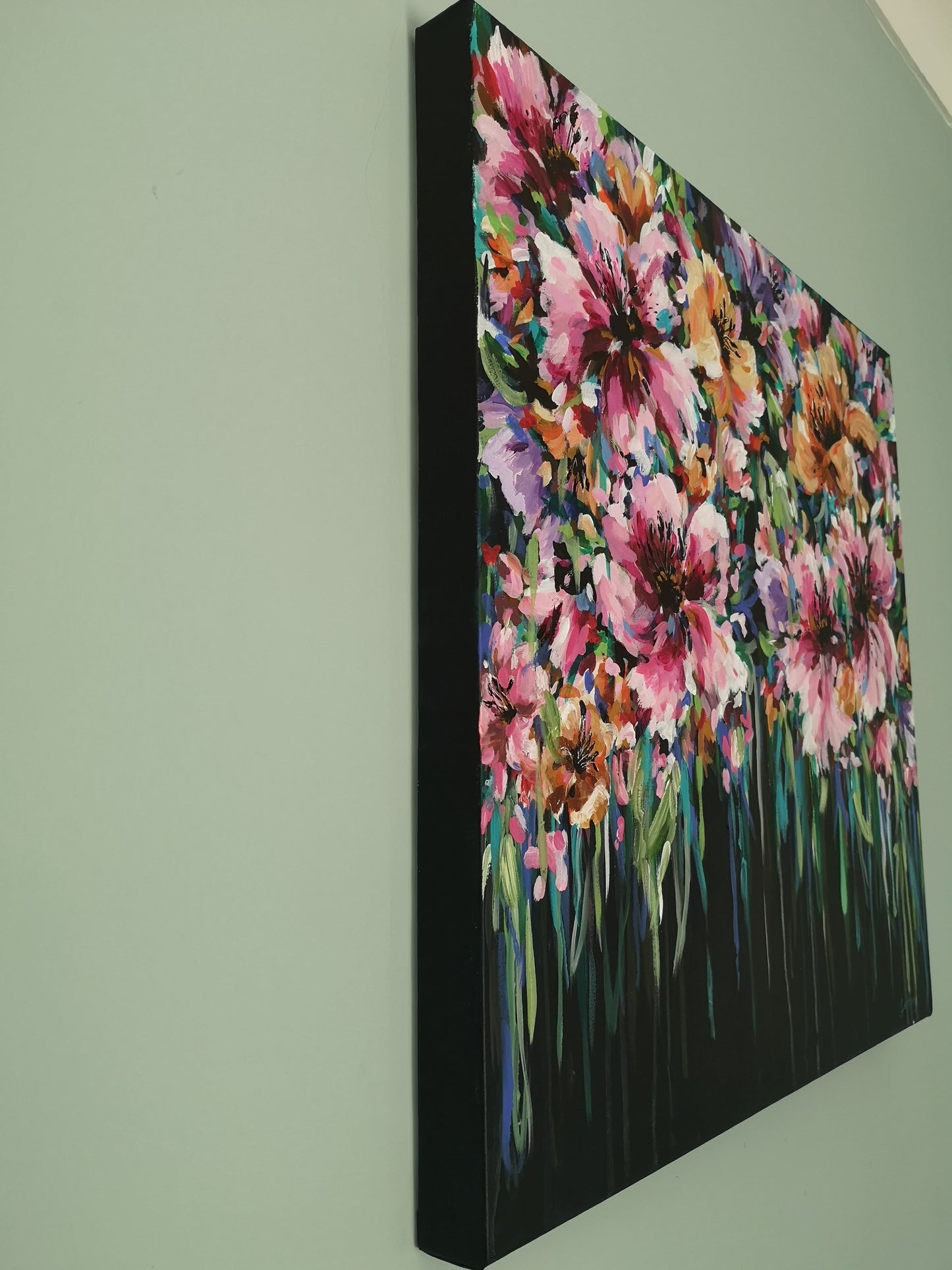 Side view of abstract, contemporary flower painting by Judy Century 'Bouquet Drama'