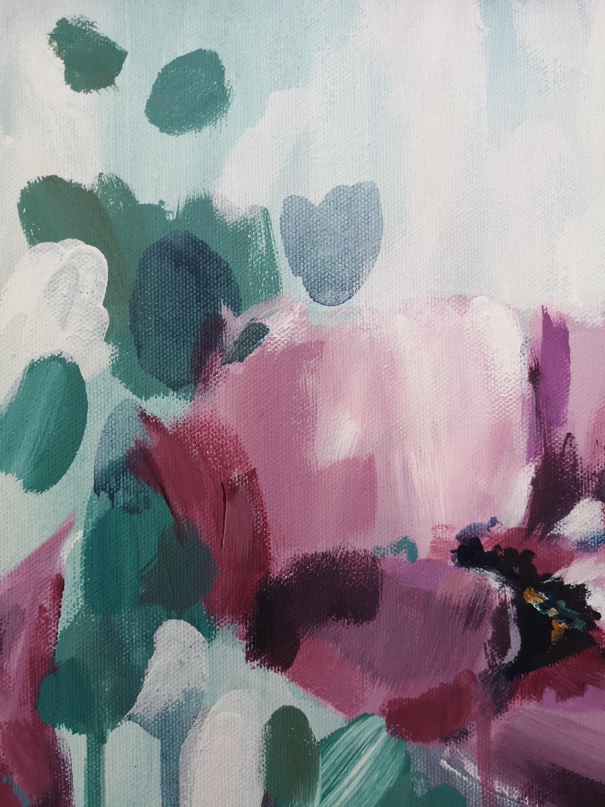 Floral details burgendy, teal of Original Abstract Floral Colourful Canvas Painting 'Breaking Free' Judy Century 80x80cm