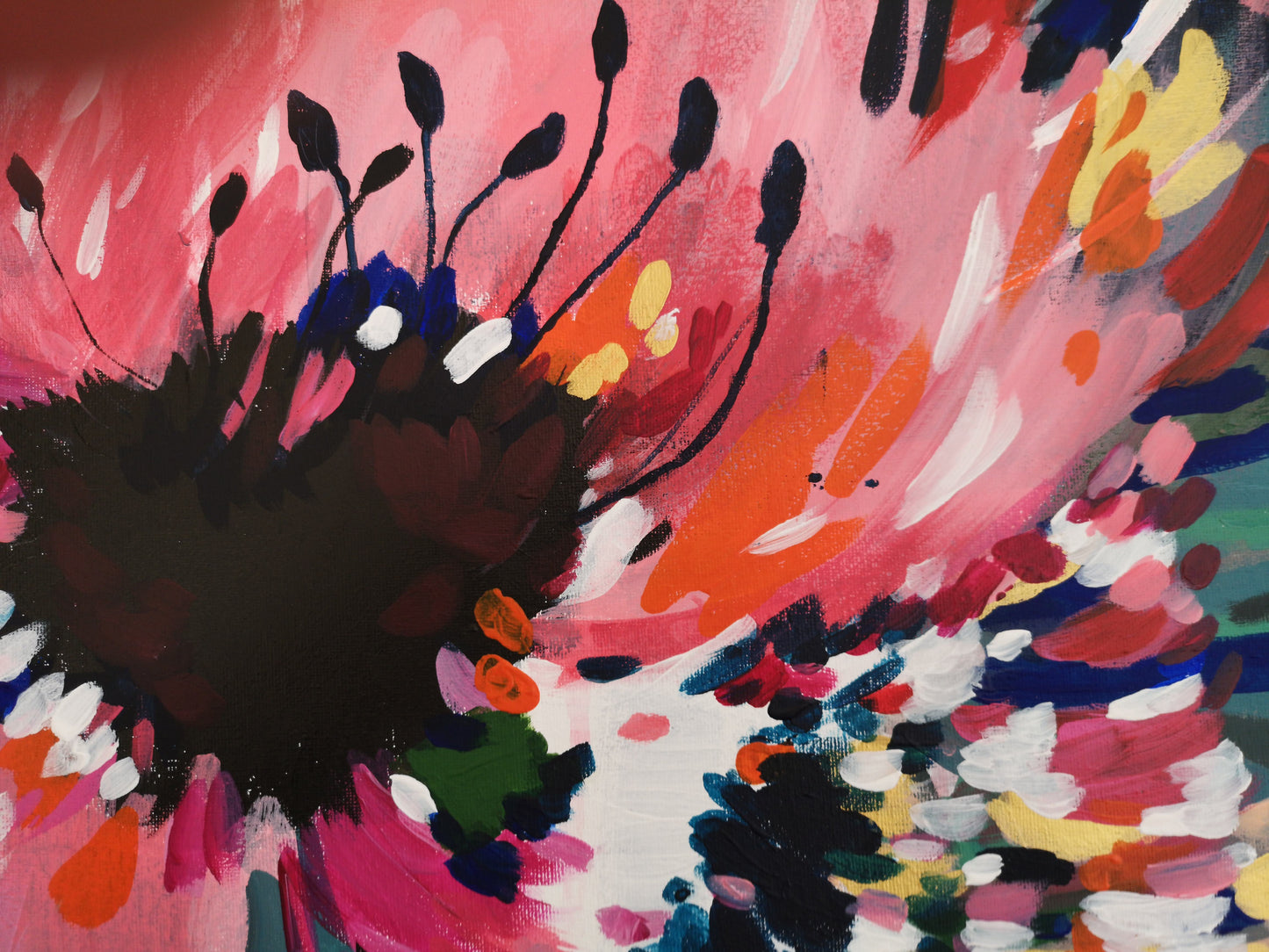 Close up of Flower Power original painting by Judy Century Art, featuring pink, orange, gold, black, green and blue brush strokes.