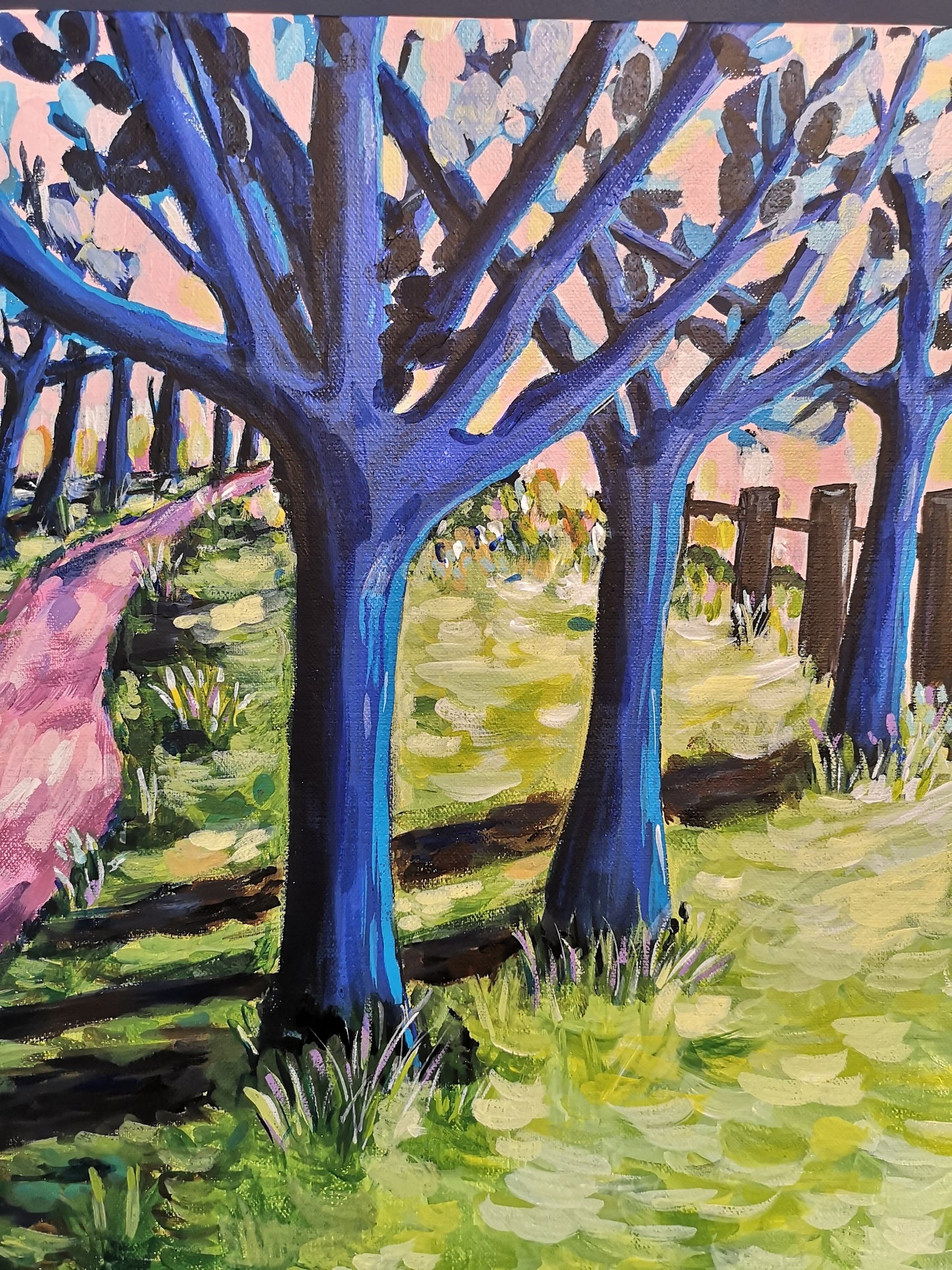Close up of abstract blue stylised trees from Judy Century abstract landscape painting