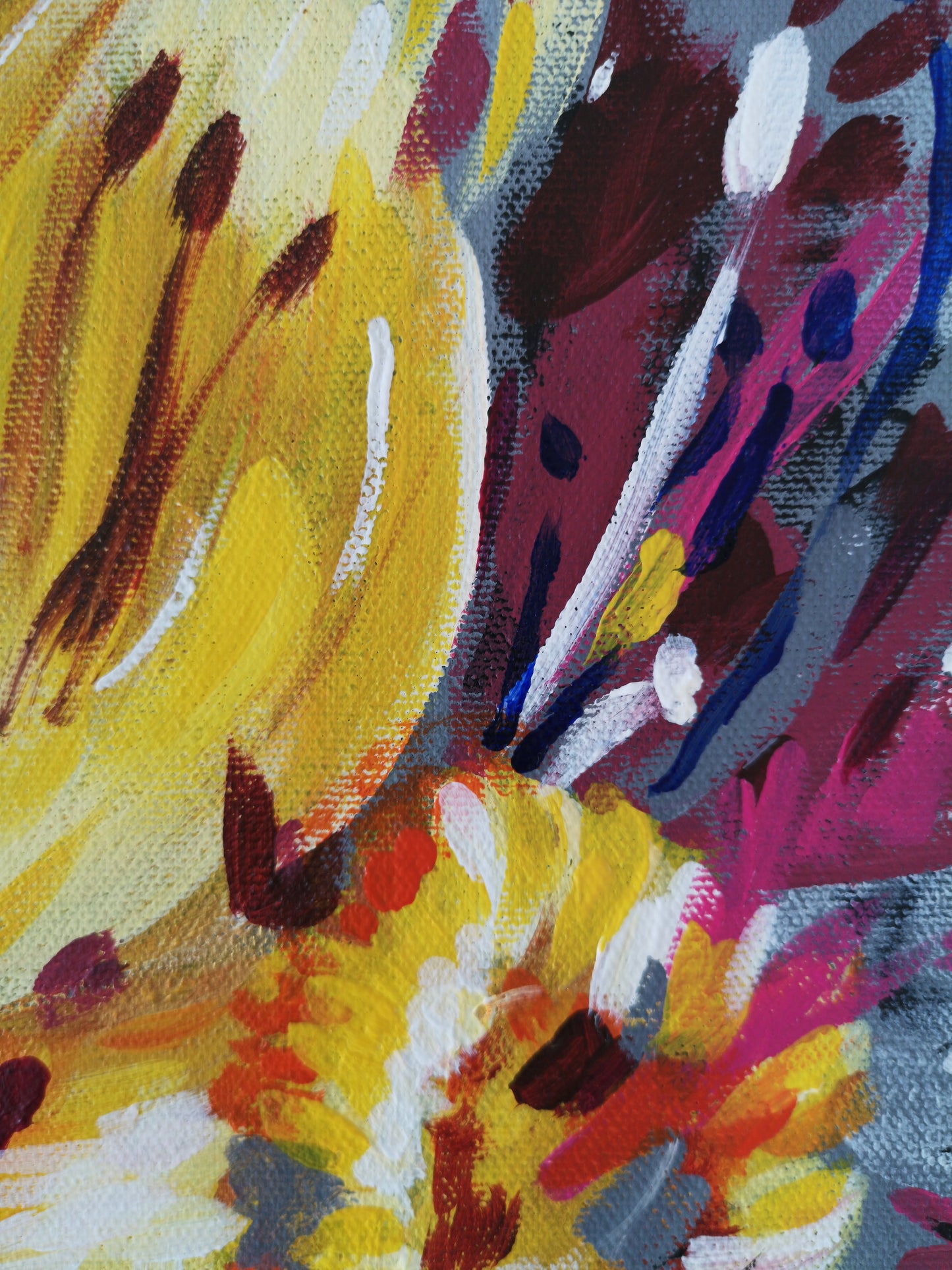 Daffodil, Flower painting, details of acrylic canvas artwork, abstract floral, yellow, pink, maroon, blue, black, grey, judy century art, canvas, original painting, interior design, spring blooms