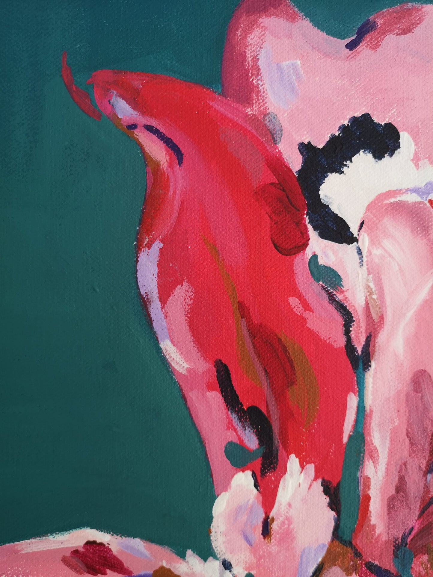 Close up of segment from Original Iris abstract floral wall art painting by Judy Century