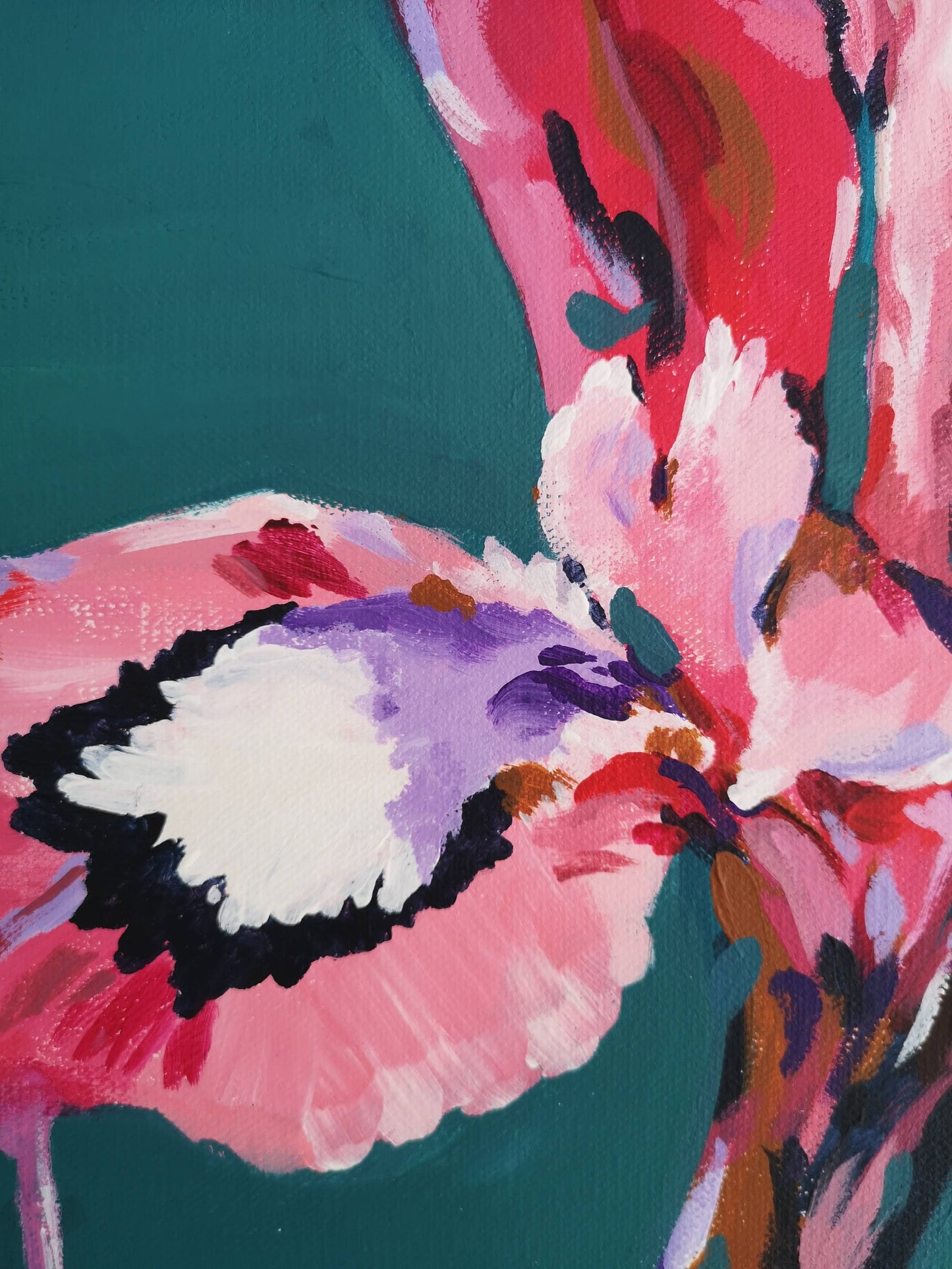 Close up detail of Abstract Colourful Iris Painting by Judy Century showing petal detail