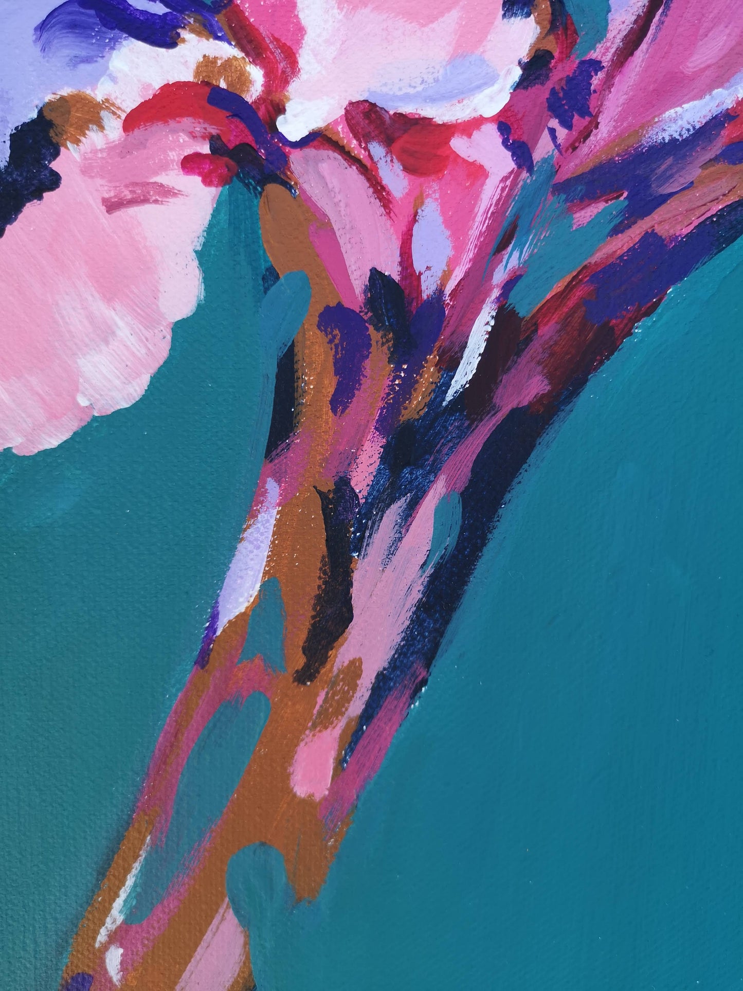 Close up showing colourful stem detail of large wall art canvas by Judy Century