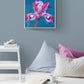 Bright Colourful Modern Iris flower canvas painting by Judy Century. Teal background with pink, white, purple and navy Lily. Original Art hanging in kids bedroom interior for home decor inspiration