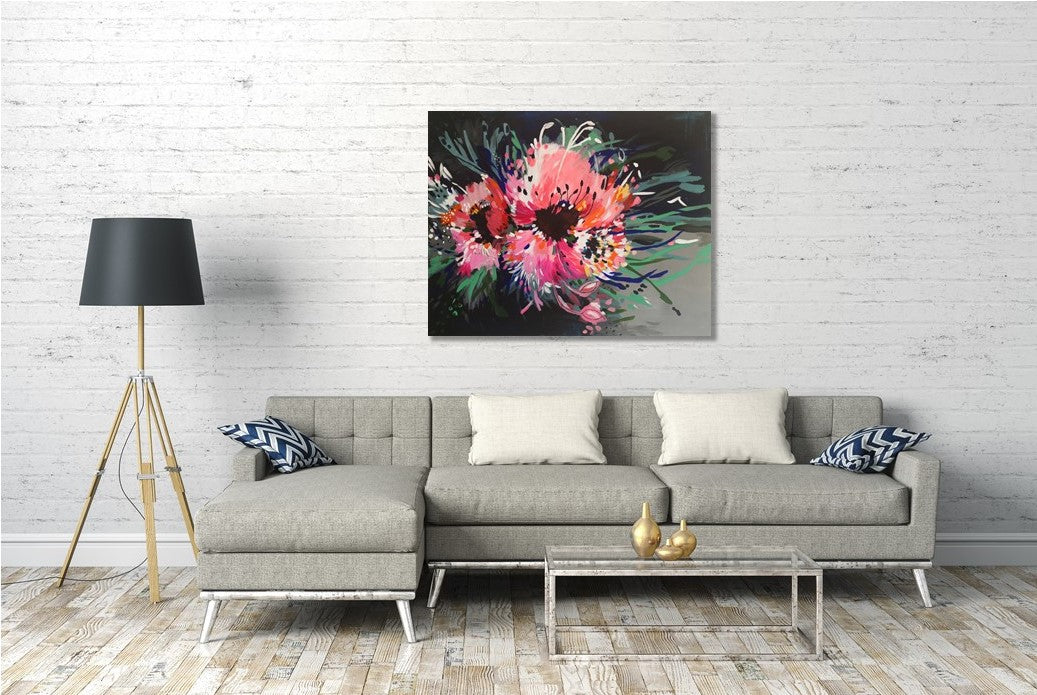 Large Abstract painting on canvas navy blue flower painting pink large flower store acrylic painting living room decor extra large wall art