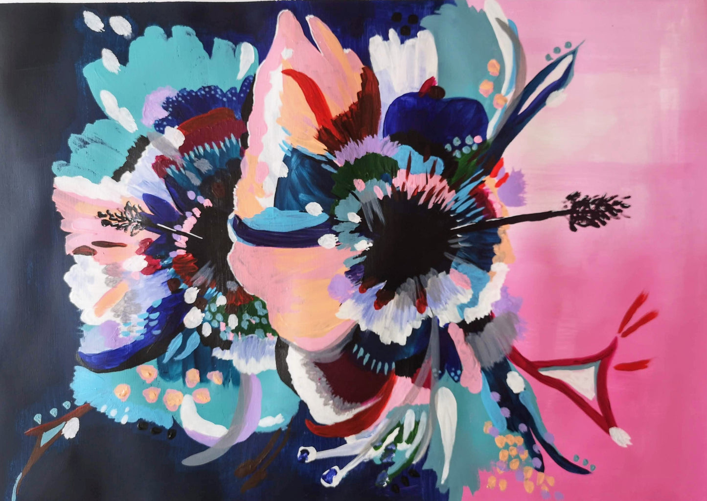 Art print of original Acrylic abstract painting on Art paper by Judy Century. Hibiscus Sorbet features a graphic bold design in pink, navy, peach, teal and white.