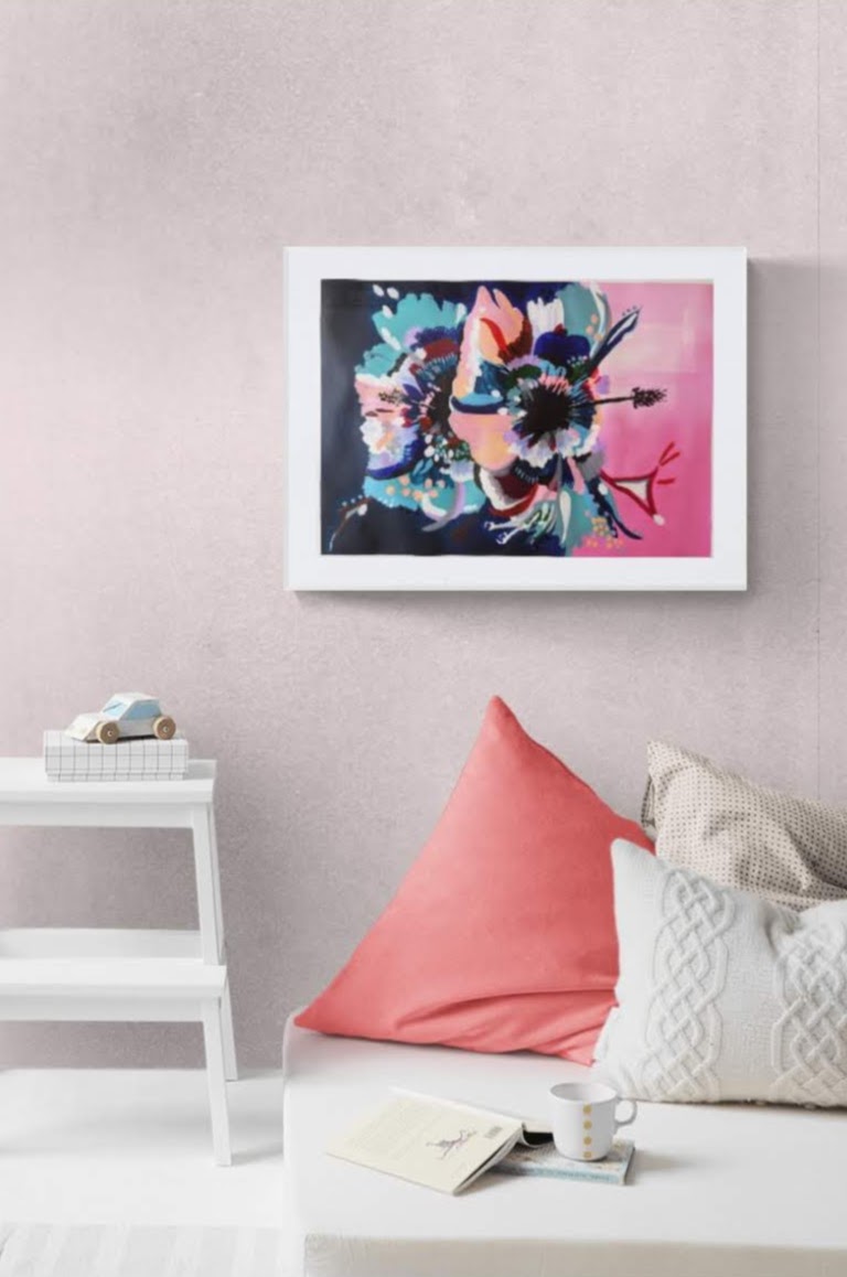 Art Print of original Hibiscus Flower abstract painting by Judy Century Art. Shown framed in White in pink children's bedroom
