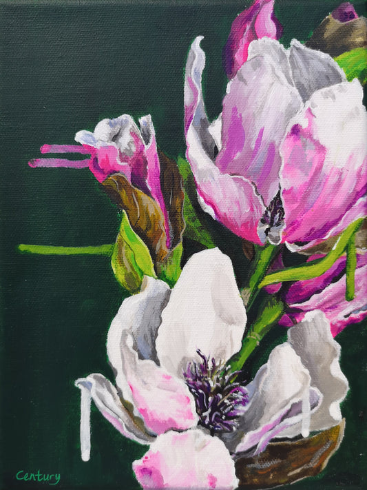 Modern botanical small canvas painting magnolia tree by Judy Century, bottle green, pink, white