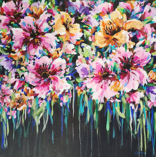 Colourful Floral Canvas painting of abstract flower bouquet by Judy Century. Pink, peach, orange, green, blue flowers and modern drip effect.