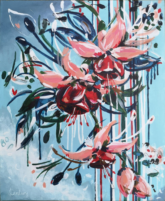 Abstract contemporary floral wall art canvas by Judy Century Art. Falling Fuscia flowers in pink and peach against a light blue background
