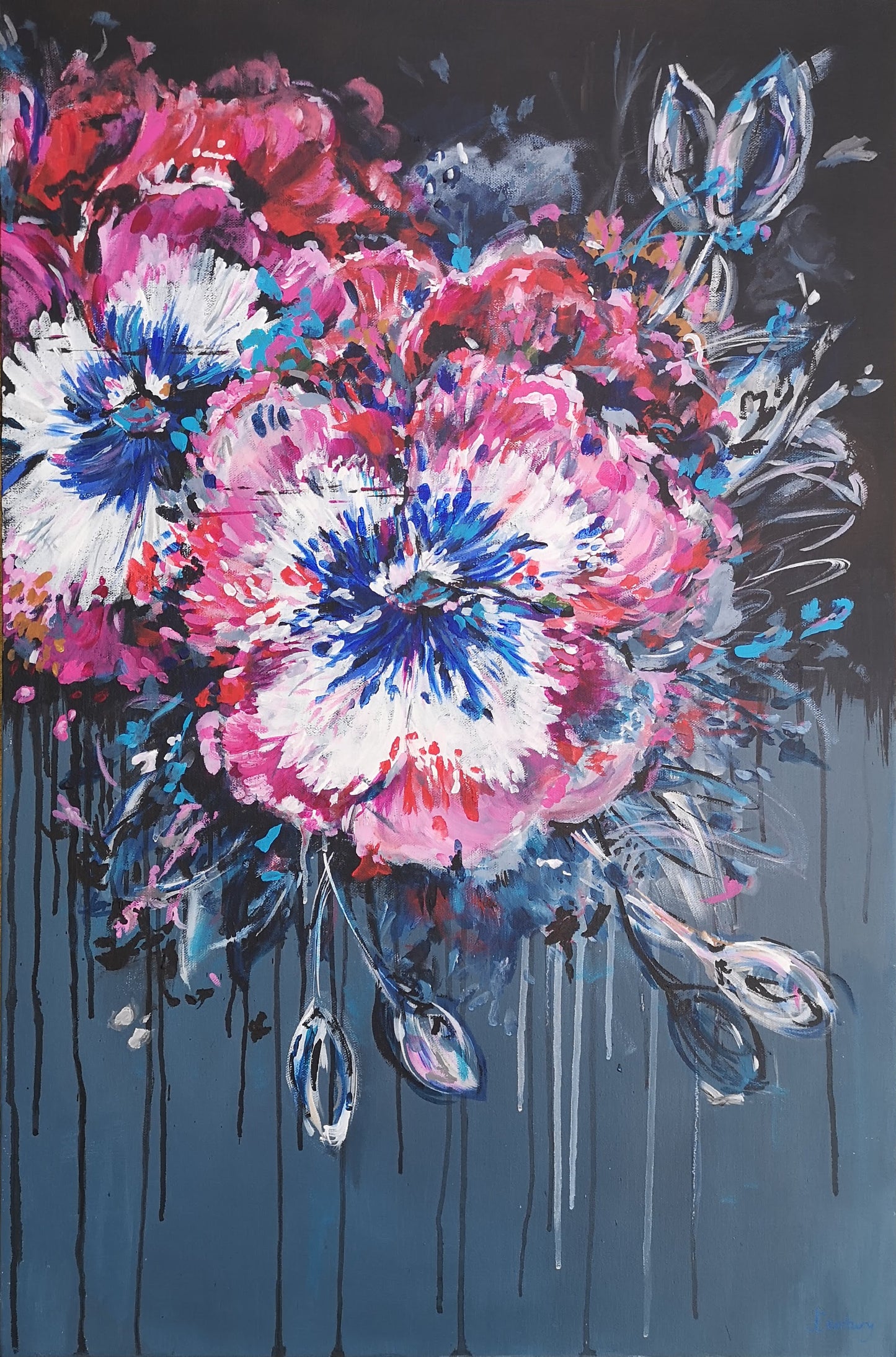 Contemporary Abstract Floral Pansy painting on dark background by Judy Century Art