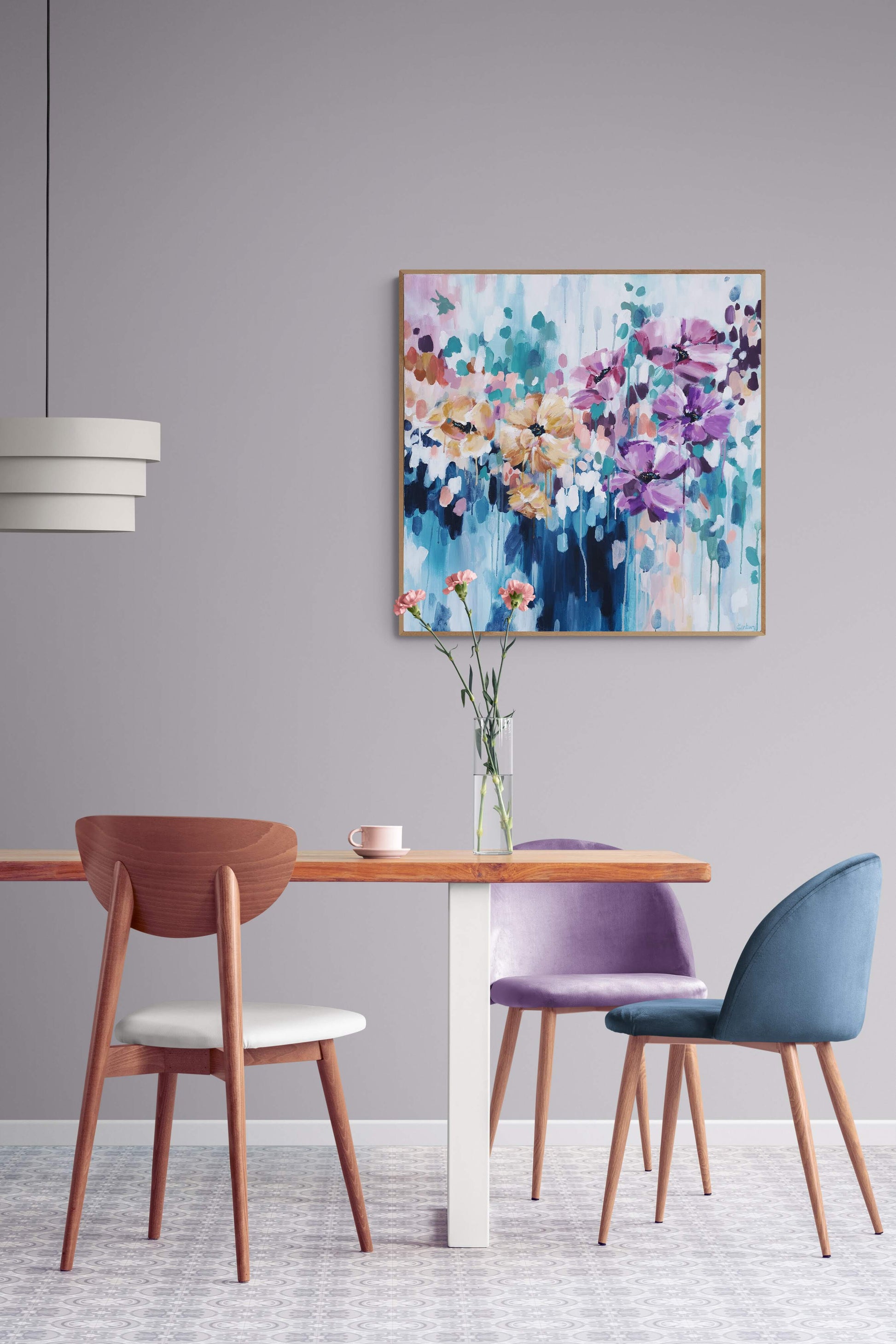 Home decor, interior styling, large canvas wall art original abstract floral painting by Judy Century in wooden dining room