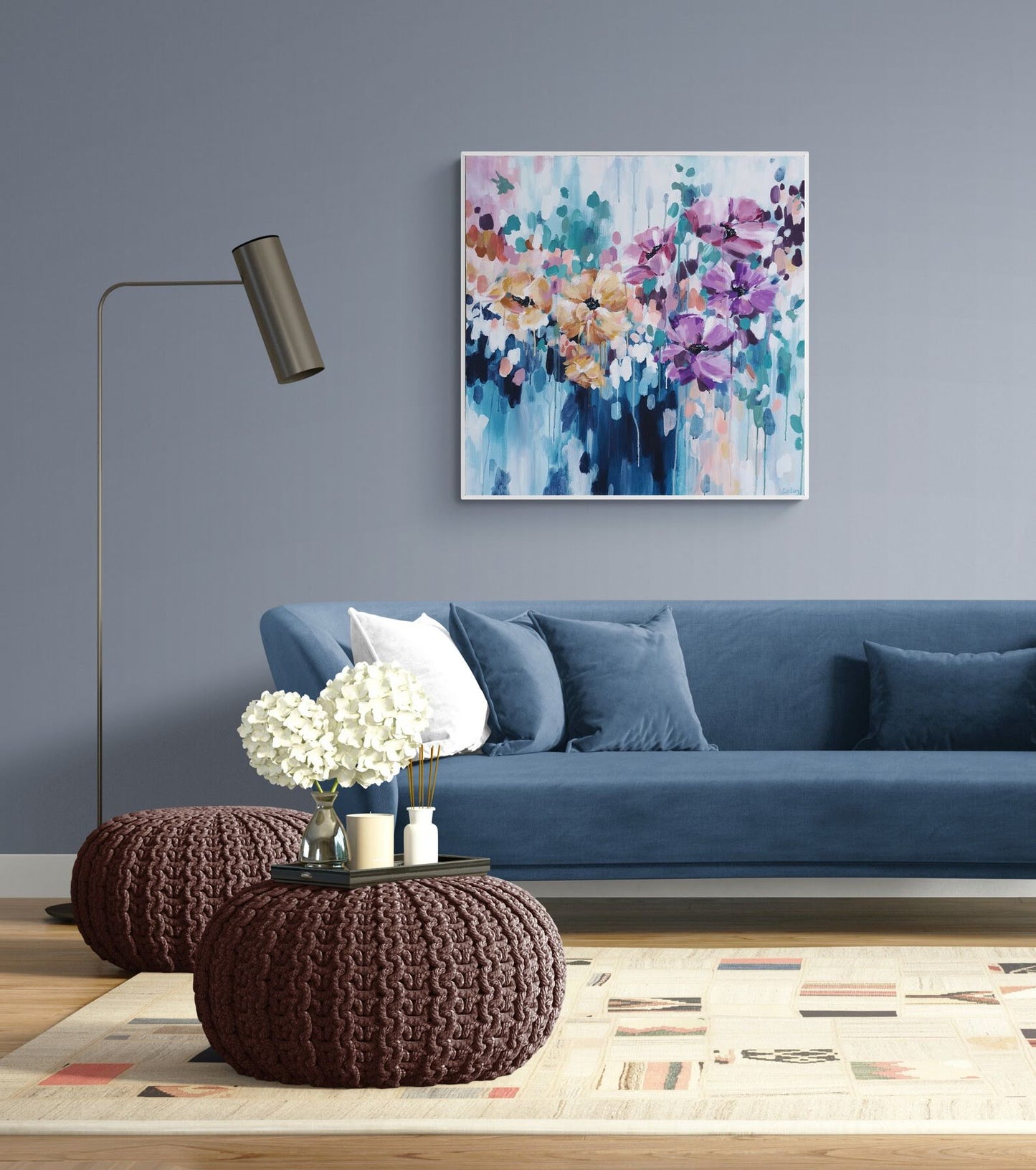 Original Abstract Floral Colourful Canvas Painting in modern living room with navy couch and grey walls, 'Breaking Free' Judy Century 80x80cm