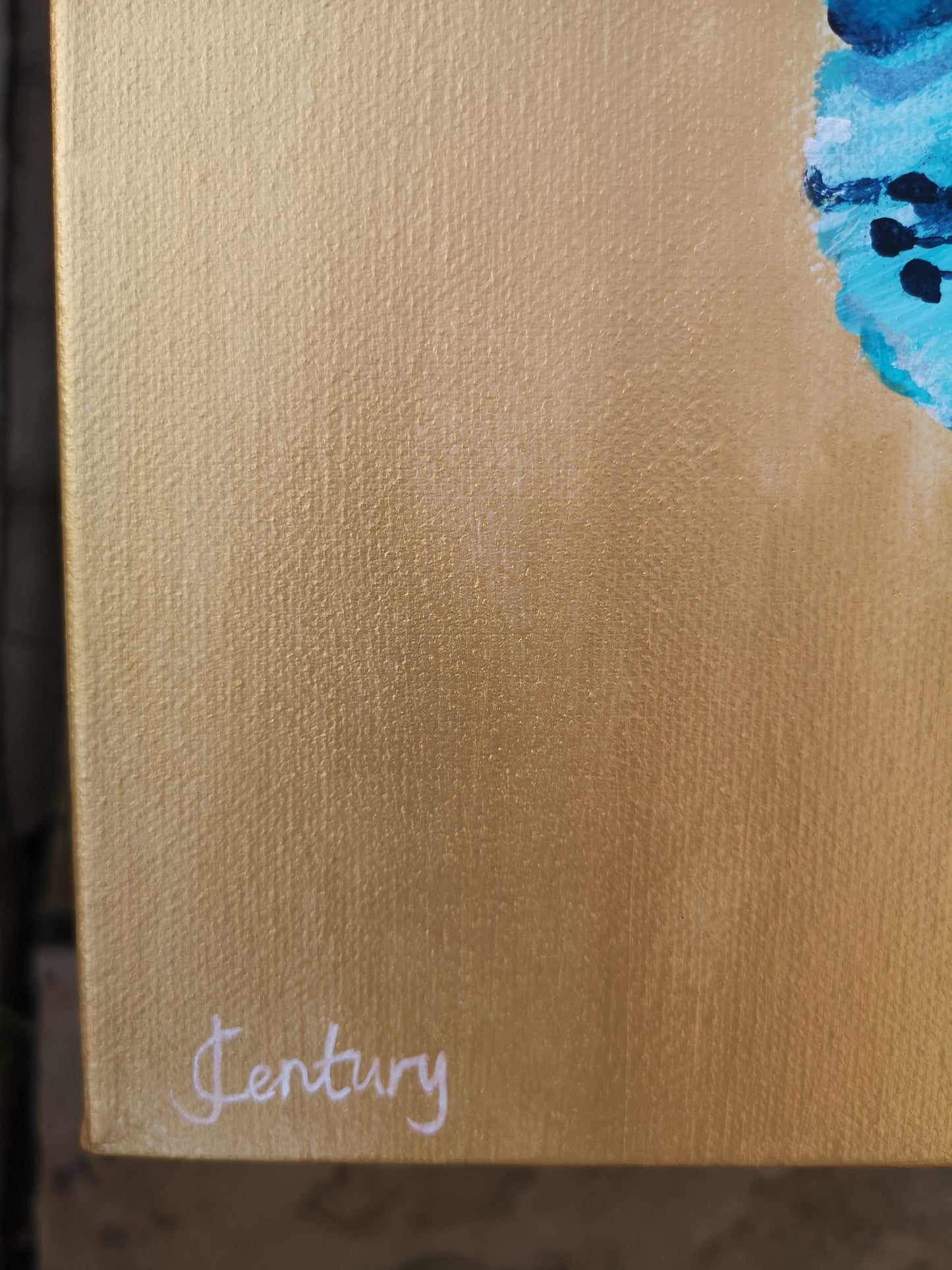 Signed original gold and blue abstract floral painting by Judy Century