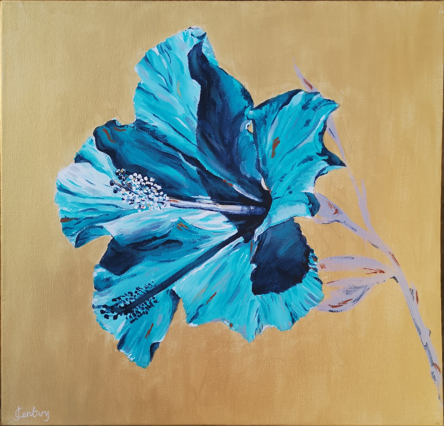 Original modern floral painting gold turquoise canvas wall art by Judy Century hibiscus flower