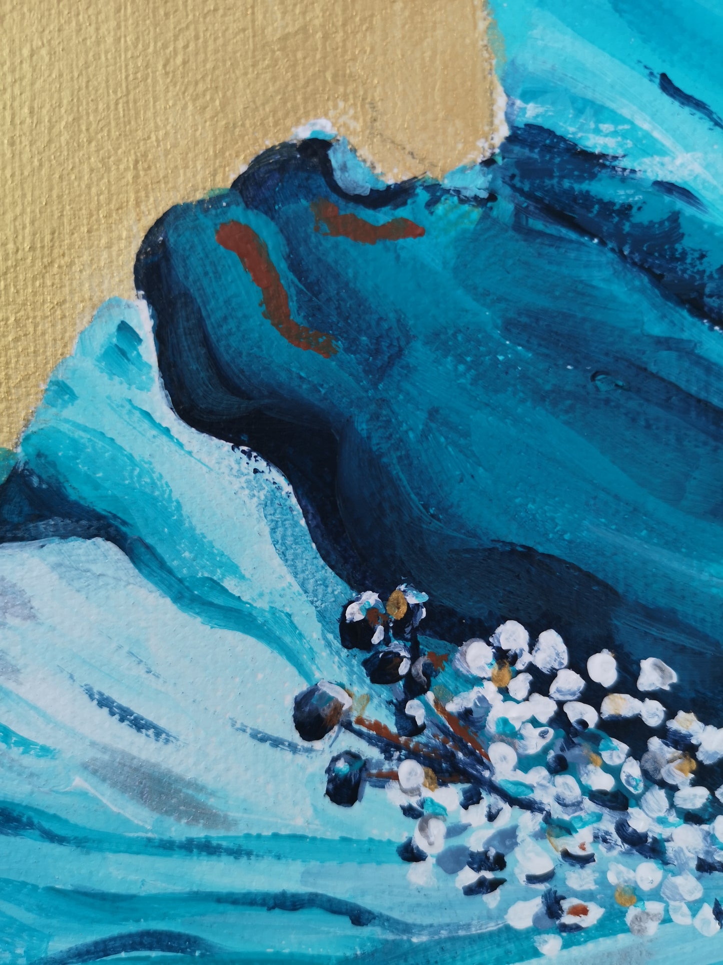 Detail of gold and turquoise flower painting by Judy Century