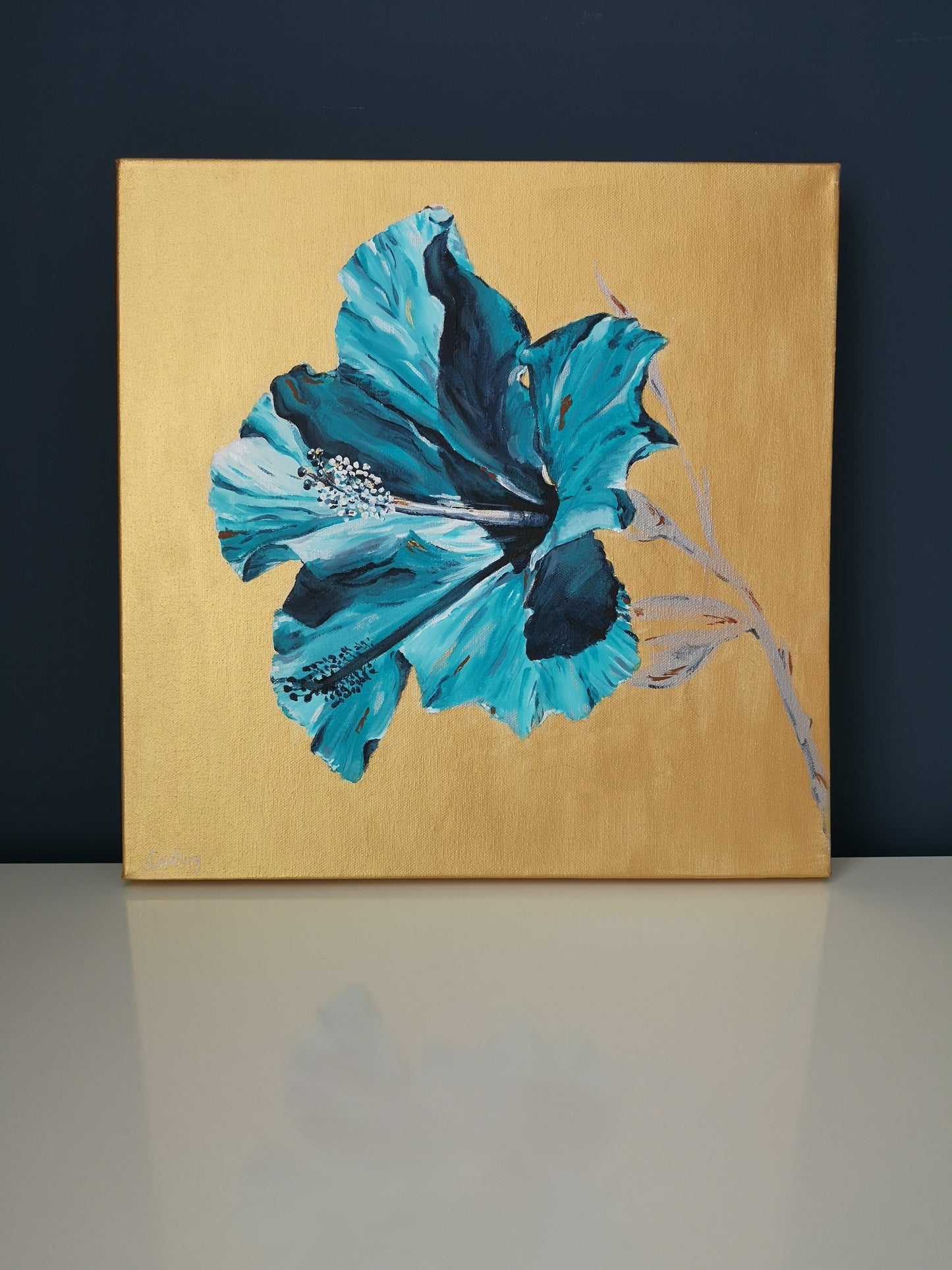Contemporary square original painting of blue hibiscus flower on gold background by Judy Century Art