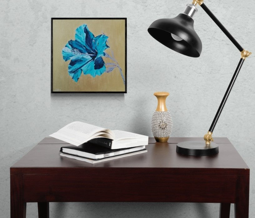 Original modern floral painting gold turquoise canvas wall art by Judy Century in home office setting